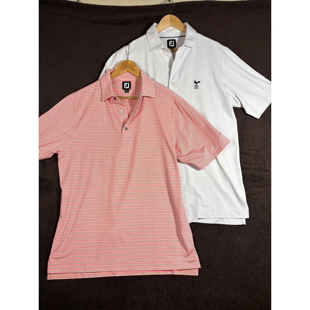 FootJoy Mens Golf Polo Shirt Lot of 2 White Crest‎ Striped Classics Size Medium